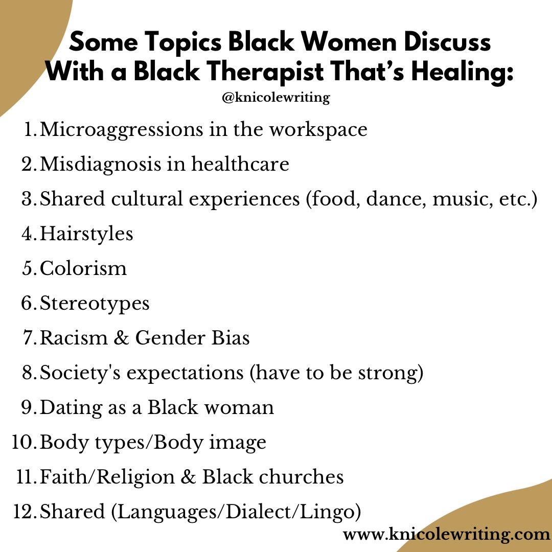 Black women who choose to have a therapist who looks like them is for many reasons. Healing takes place when you can talk about and process topics such as the ones listed. It is always an honor and privilege to hold space for these experiences as a Black woman therapist.🤎