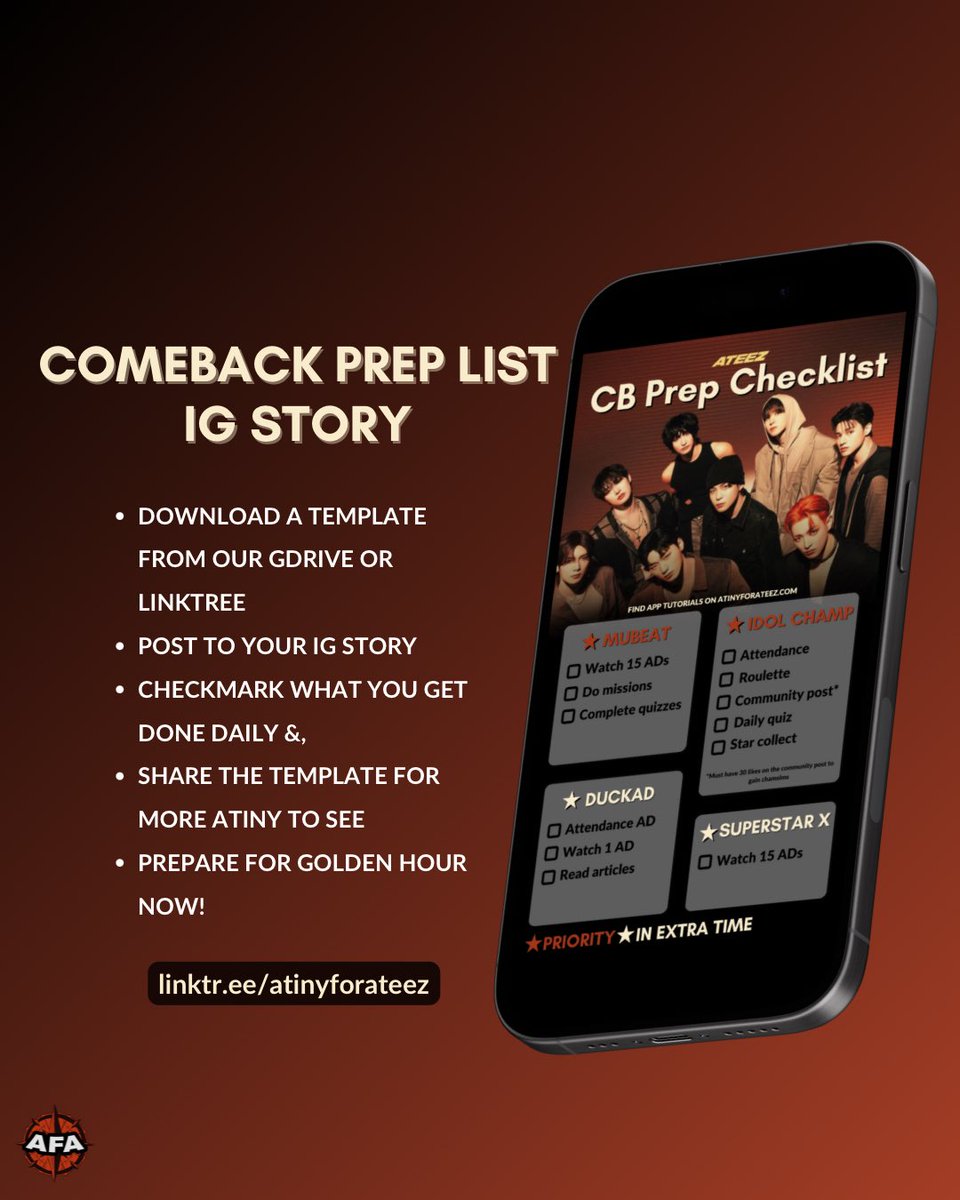 📣 | COMEBACK PREP CHECKLIST ATINY! Here is an IG Story template for you to use & share. — Show your CB checklist to friends &, — Spread about CB Prep on other SNS Download here: drive.google.com/file/d/1_VTz_G… #GOLDENHOUR #GOLDENHOUR_Part1 @ATEEZofficial #ATEEZ #에이티즈