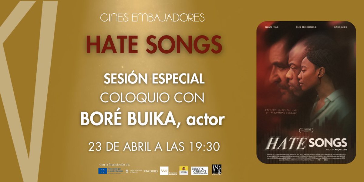 #HateSongs tendrá una sesión especial el próximo martes 23 de abril a las 19:30! Tras la proyección mantendremos un coloquio con Boré Buika, actor de la película.
Además, entra en nuestro instagram para participar en un sorteo exclusivo! reservaentradas.com/entrada/madrid…