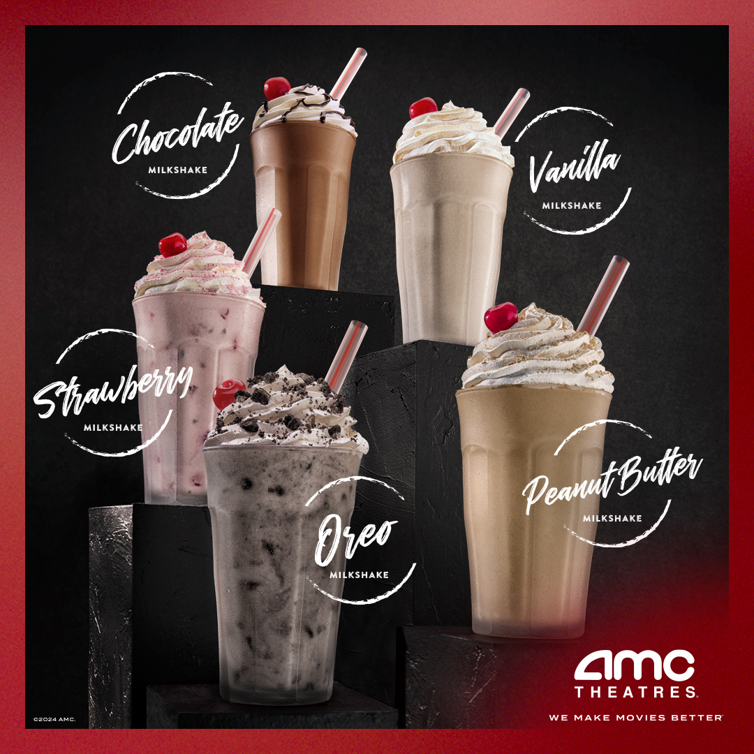 Indulge in our NEW milkshakes! Choose from Strawberry, Oreo, Chocolate, Peanut Butter, or classic Vanilla. Available at #AMC Dine-In theatres. Order now!