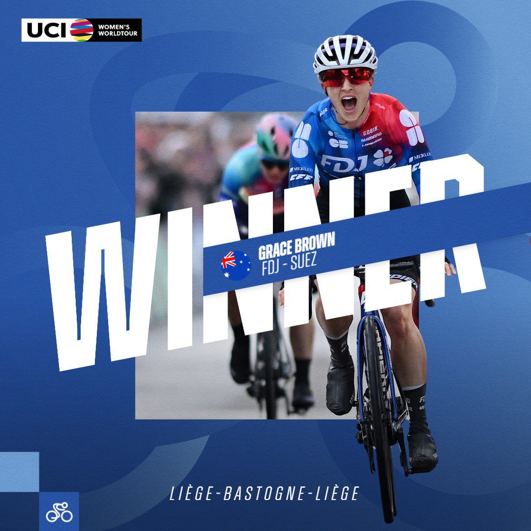 UCI_WWT's tweet photo. 🏆 What a ride from @_g_brown ! From early break to victory, monumental performance 👏🙌👊

@LiegeBastogneL #UCIWWT #LBLwomen #LBL https://t.co/kZgNaTWaZq