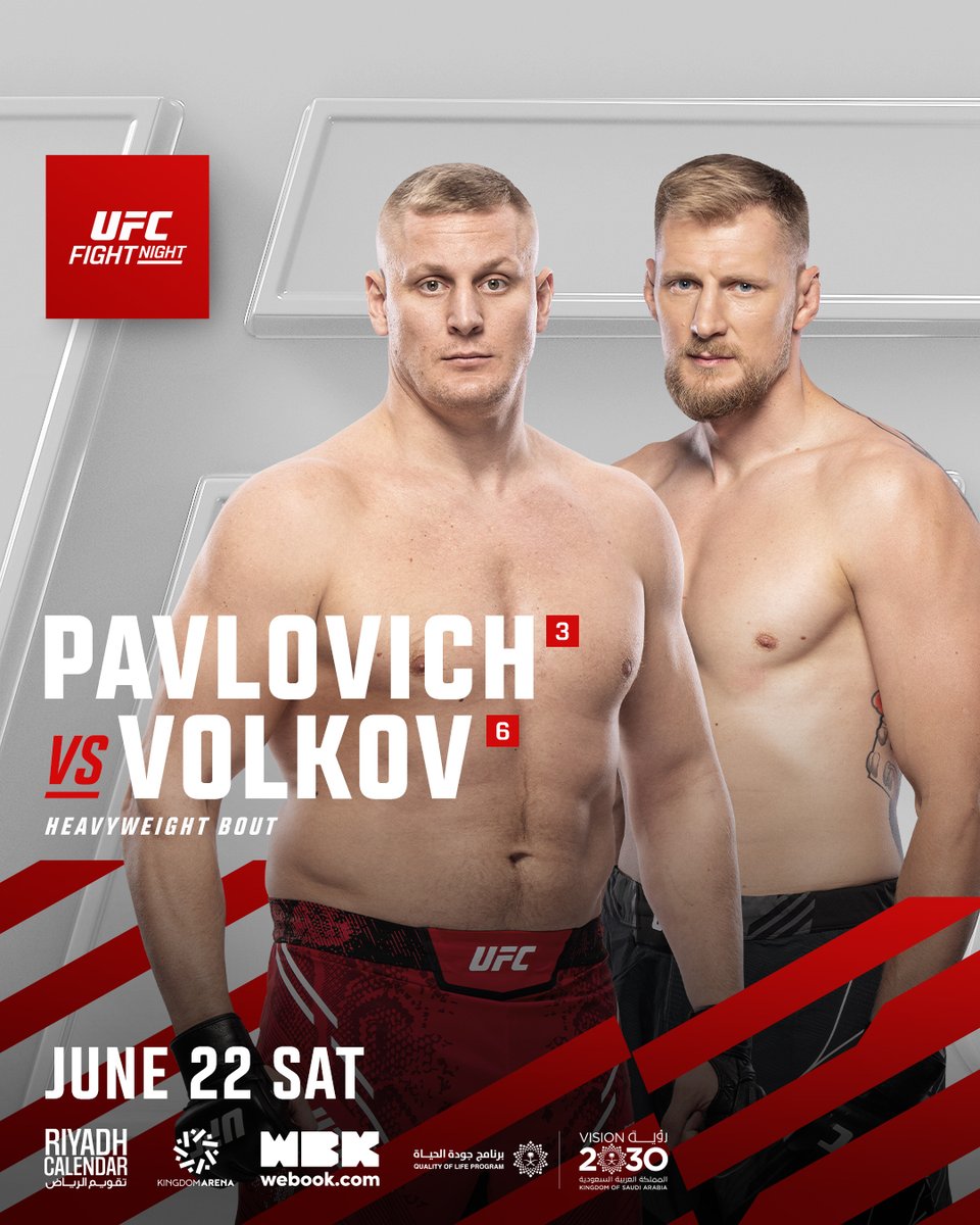 We're bringing you a Top 10 Heavyweight Battle to #UFCSaudiArabia 💥

@SPavlovich13 vs @AlexDragoVolkov

@RiyadhSeason | #RiyadhCalendar