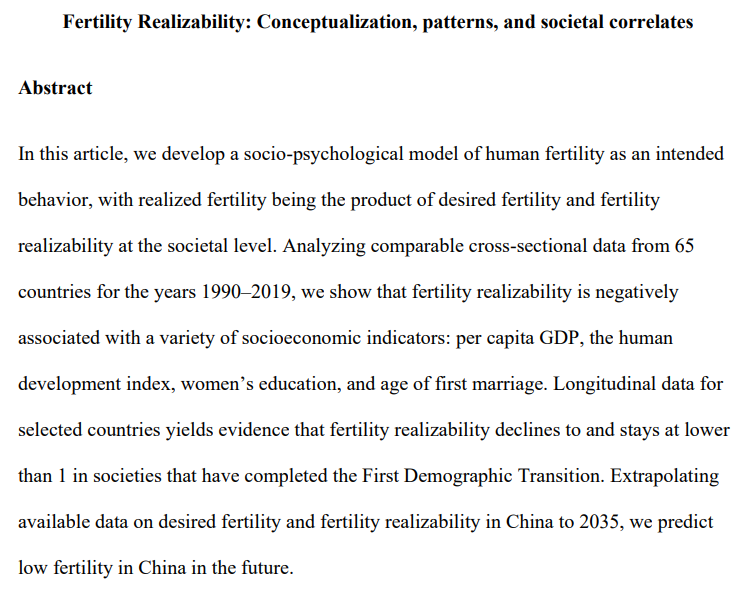 An important paper introduces a new concept, fertility realizability: 'the ratio of total fertility to average desired fertility.' In poor countries, people often have more children than desired but developed countries have the opposite problem, fewer kids than desired. 🧵
