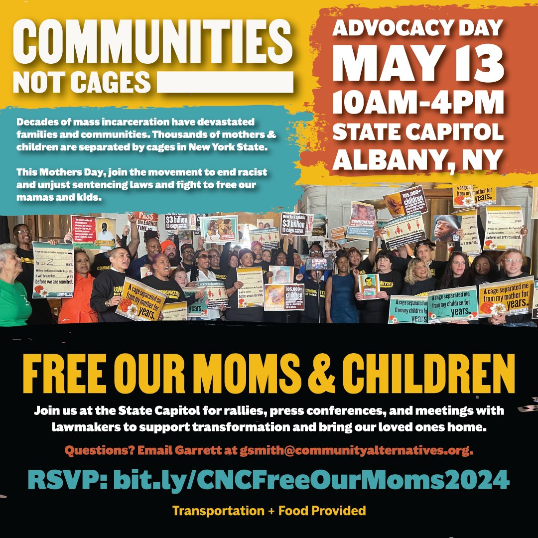 MAY 13: The day after mother's day, join #CommunitiesNotCages in Albany for a press conference, rally and meetings with lawmakers to fight for thousands of mothers and children separated by cages in New York State. Free food & transportation. RSVP: bit.ly/CNCFreeOurMoms…