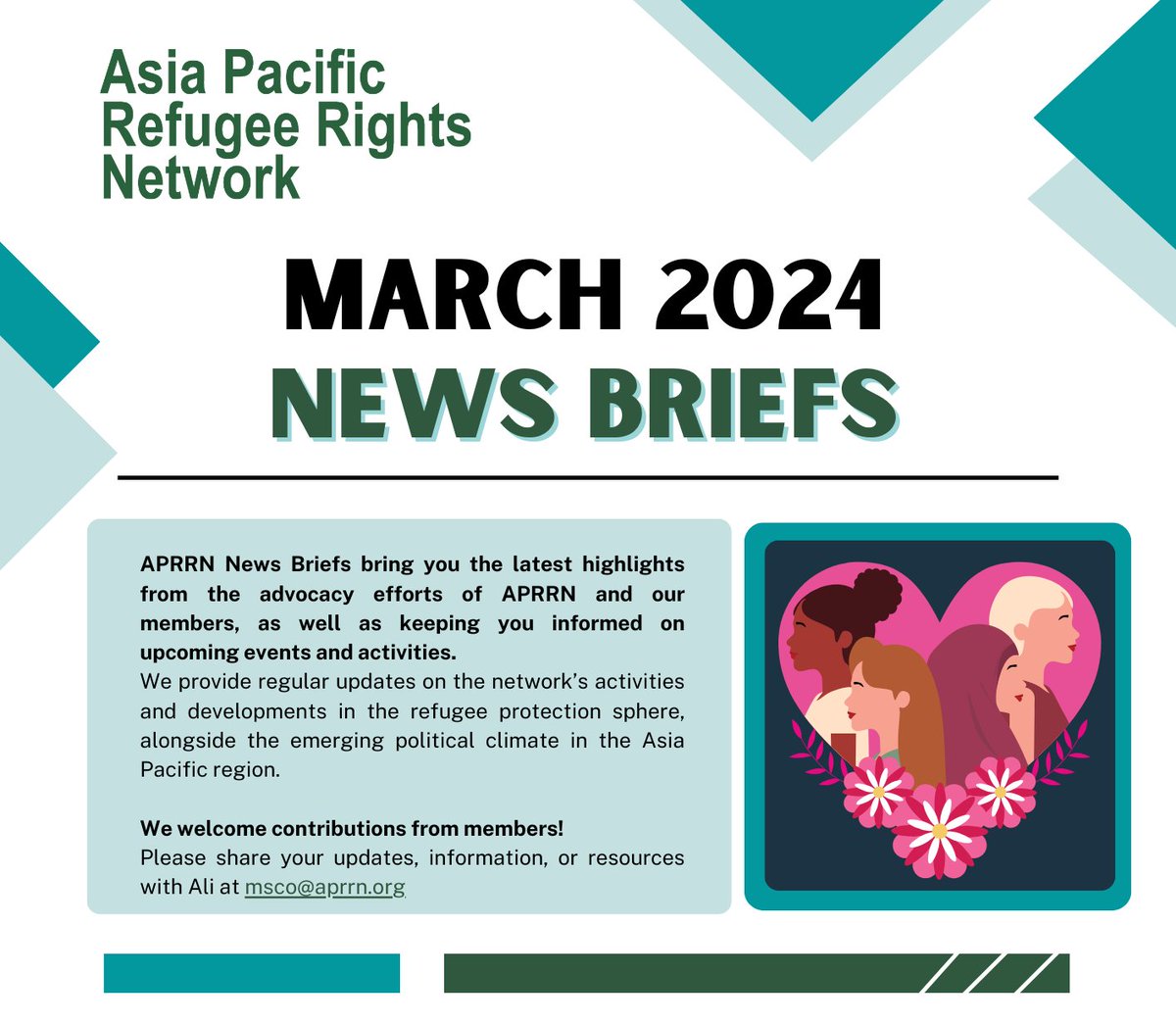 NEWS BRIEFS (MARCH 2024)

Our News Briefs bring you the latest highlights from the advocacy efforts of APRRN and our members. 

aprrn.org/newsletter-det…

#APRRN #Newsletter #Refugees #Advocacy #RefugeeRights