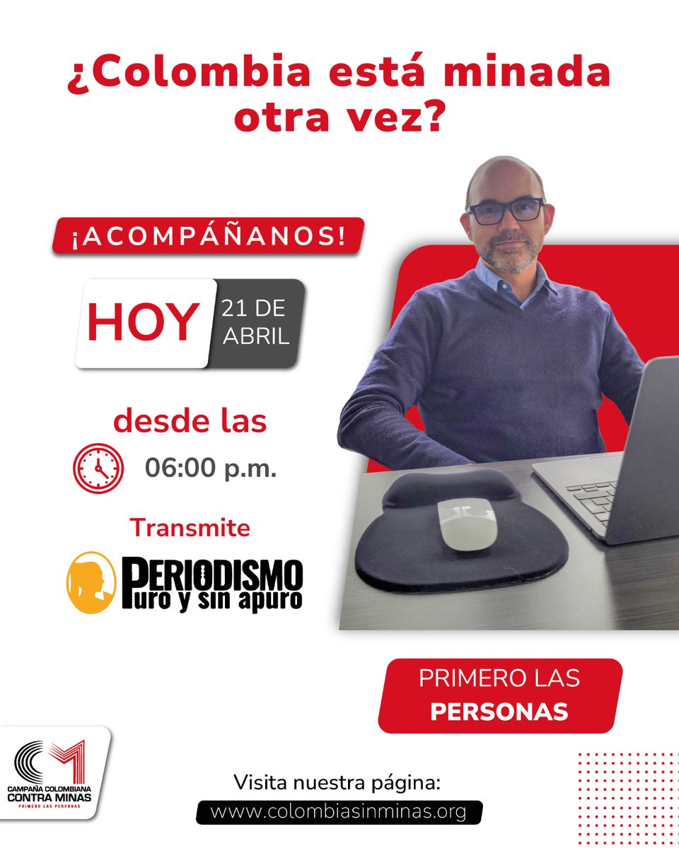 COL_SIN_MINAS's tweet photo. Camilo Serna, director de la Organización, estará hablando hoy con @claudiapalacios en Periodismo Puro y Sin Apuro sobre la situación actual de las Minas Antipersonal en Colombia.

No te lo pierdas aquí 👇👇👇
https://t.co/MgTsSmMUux https://t.co/pMC2Z1ZSpG