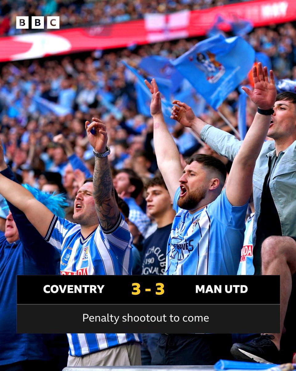 bbcmtd's tweet photo. Absolute heartbreak for Coventry. 
A goal from Victor Torp is ruled out by VAR for offside in the final minute of extra time.
Now the drama of penalties at Wembley in the FA Cup semi final against Manchester United.
Updates: https://t.co/XqTKpgIwgP https://t.co/ap6PjRbdRN