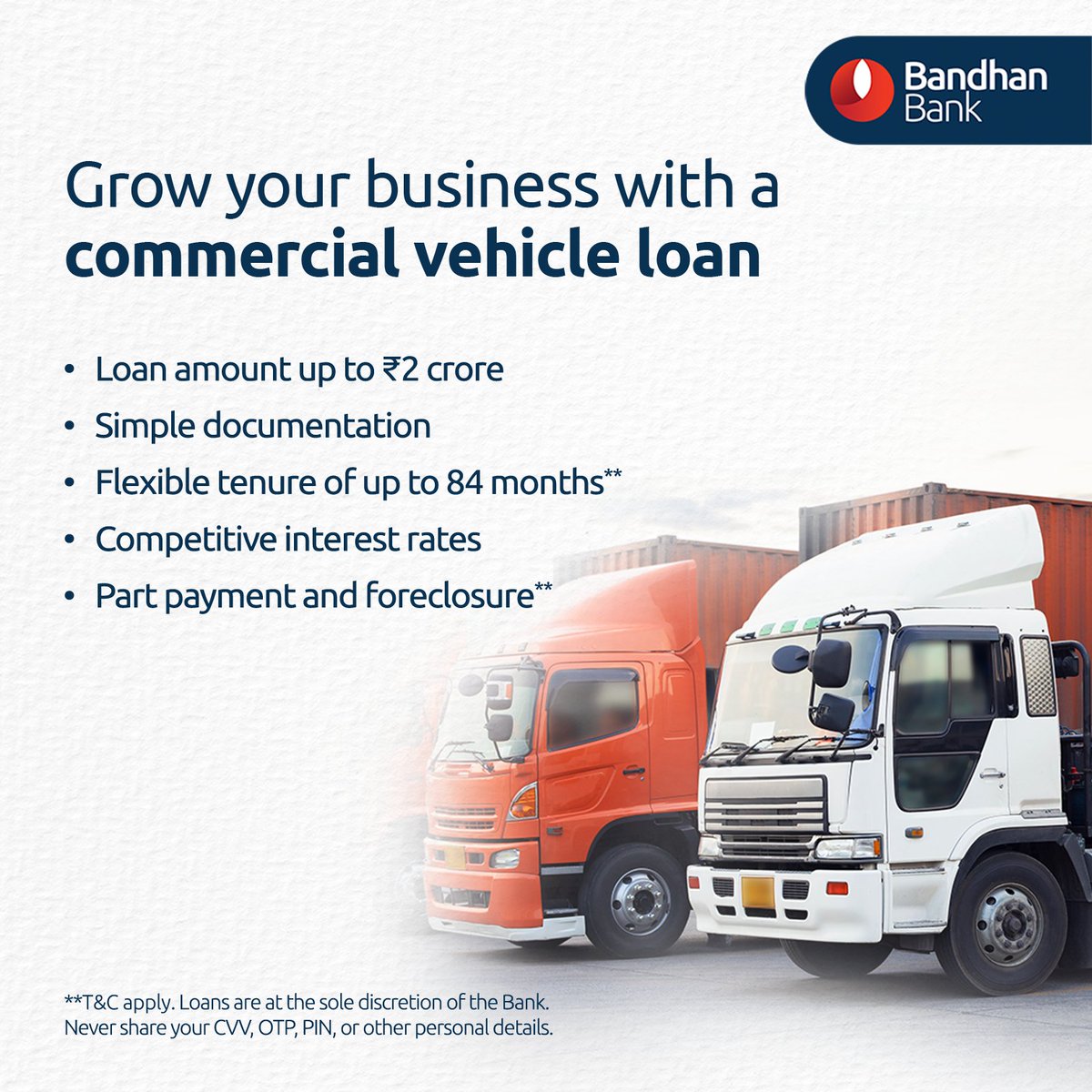 With a #CommercialVehicle Loan from #BandhanBank, drive towards success. To apply, visit: bit.ly/49KLdRl T&C apply.
