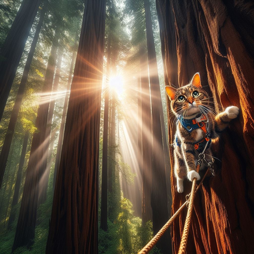 A cat wearing a harness and attached to a rope, scaling a towering sequoia tree in a dense redwood forest, with shafts of sunlight breaking through the thick foliage.

#dalle