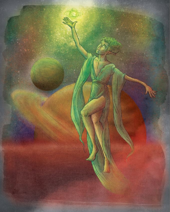 PowellTheArtist's tweet photo. And here's a bit of behind the scenes! I saved a few pictures of my process slowly designing the main figure after spending weeks on drawing the background! Let me know if this is something you all would enjoy more posts about. #illustration #spaceartwork https://t.co/sefMJGK9a7