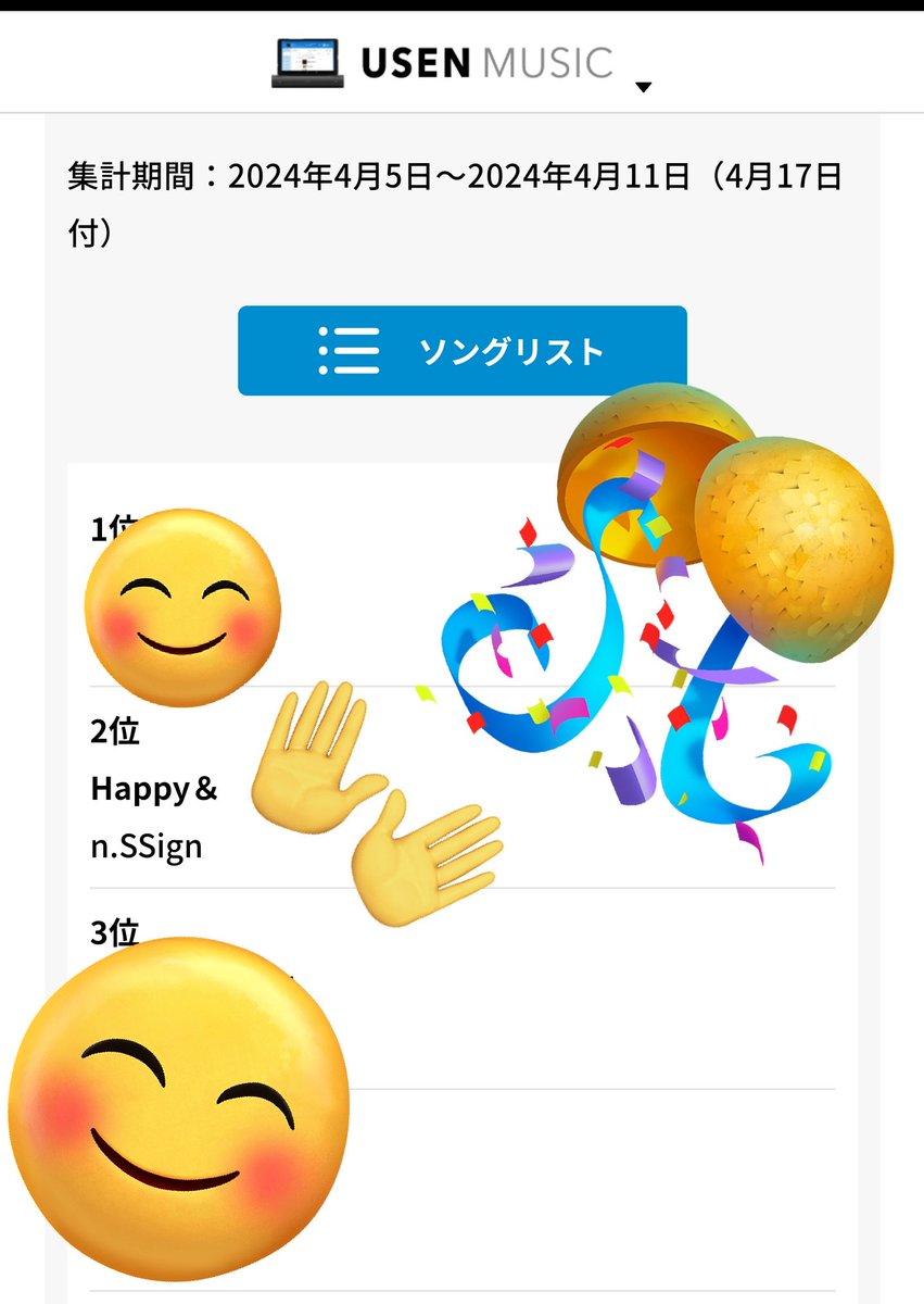 🎧USEN週間 USEN
 HIT K-POPランキング

㊗️n.SSignのHappy＆が2位🏅✨️
スゴイーーー！！！😭😭😭😭😭

🥳👏🎉🎉🎉🎉🎉🎉🎉🎉🎉🎉🎉
          おめでとうございます
🎉🎉🎉🎉🎉🎉🎉🎉🎉🎉🎉🎉🎊

リクエストはこちら⬇️
usen.oshireq.com/song/6367940

 #nSSign  #Happyand  #Happy ＆
 #USEN