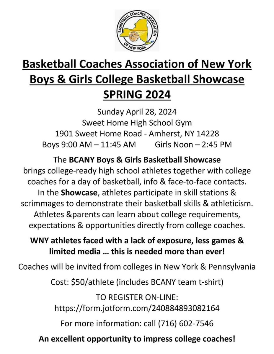 BCANY Boys & Girls College Basketball Showcase Spring 2024

Register on-line:
form.jotform.com/240884893082164