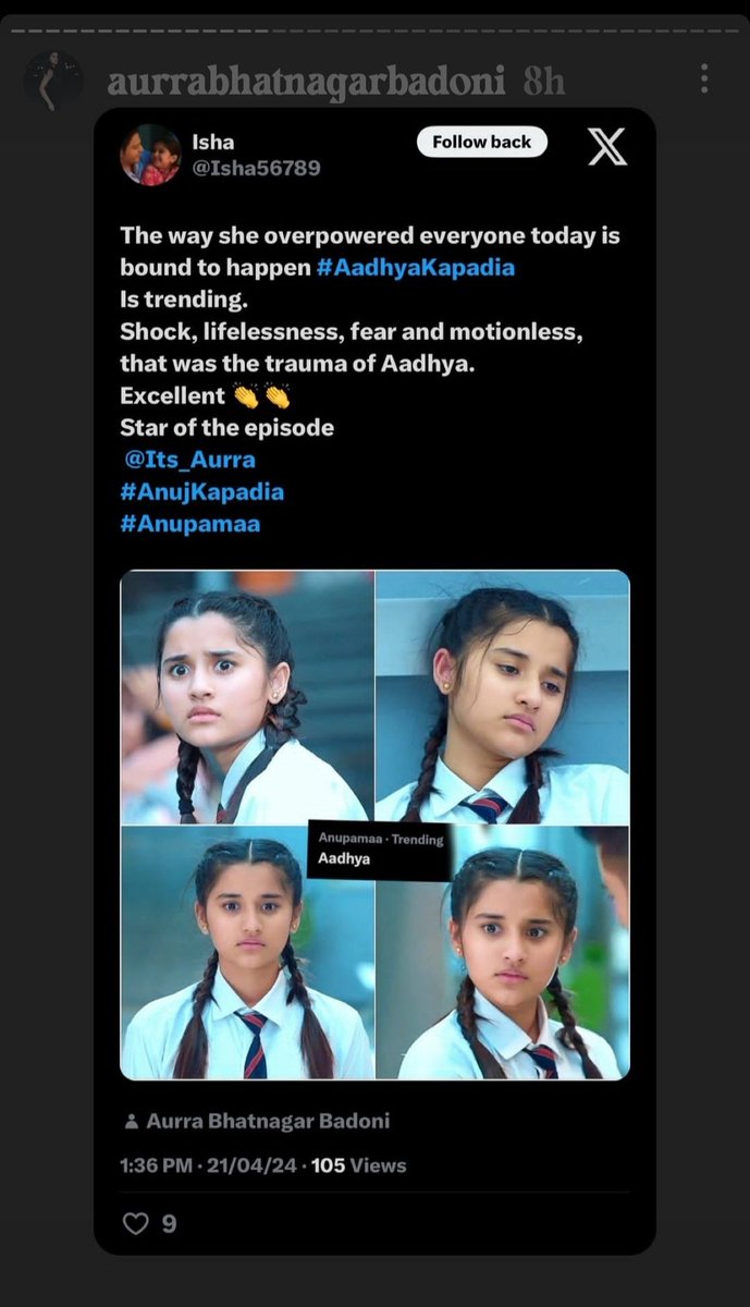 Aaj ka din sach mein special ho gaya. 
Thank you @iamgauravkhanna 
@Its_Aurra and @DeoAsmi48478 for sharing my posts. 
Love you guys 😍😍 
#AnujKapadia 
#ChotiAnu
#AadhyaKapadia