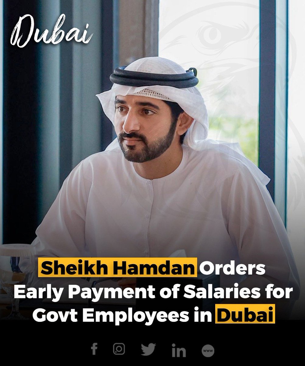 Dubai's Crown Prince, Sheikh Hamdan, swiftly orders early payment of salaries to government employees following heavy rains on April 16, now scheduled for April 23. 

#SheikhHamdan #EmployeeWelfare #DubaiSupport #WeatherImpact