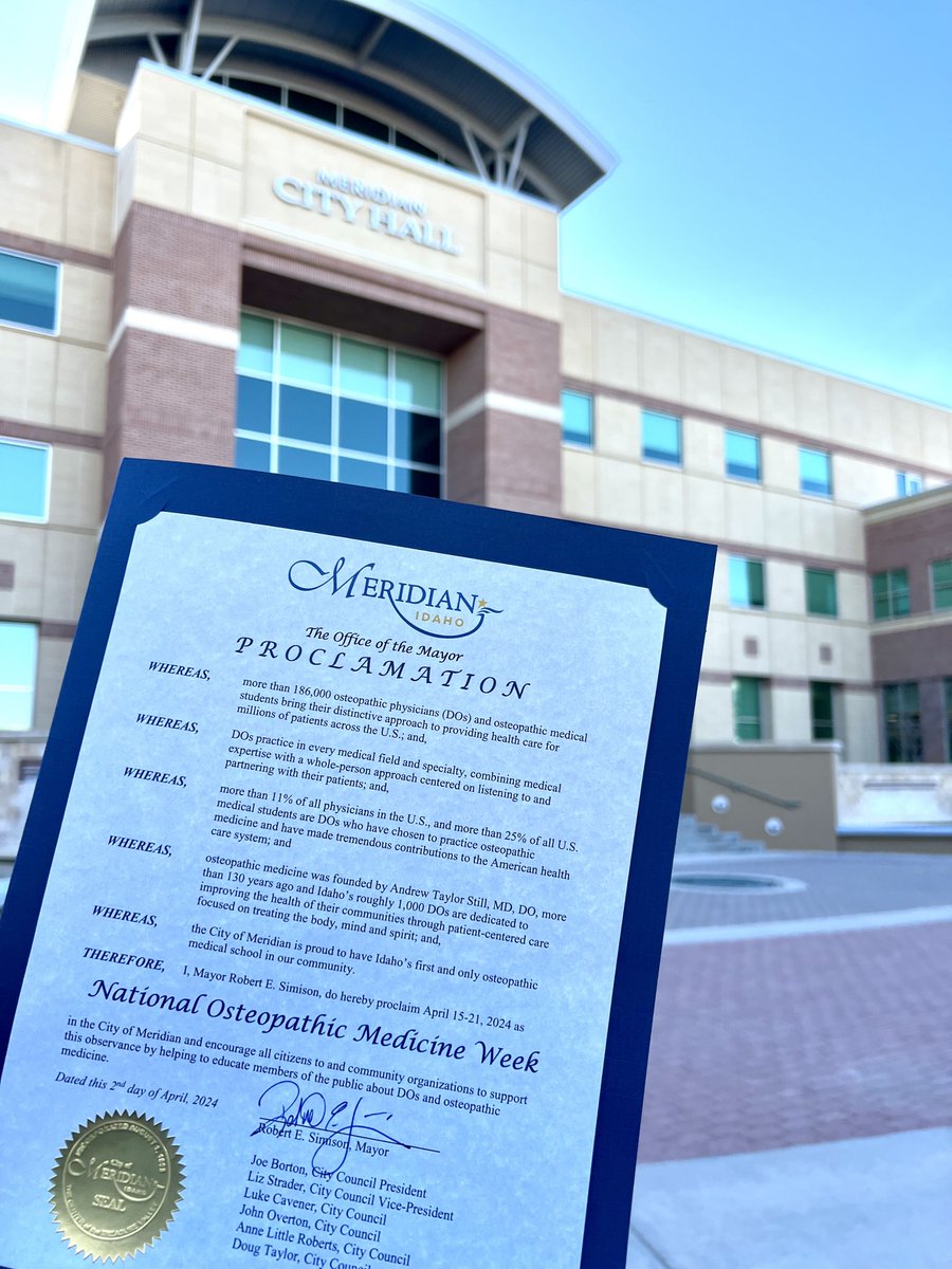 As National Osteopathic Medicine Week comes to a close, we wanted to take another moment to thank @MeridianIdaho for their recognition and support of #IdahoCOM and the osteopathic medical profession 👏 cc: @AOAforDOs