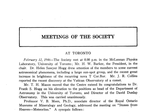 On February 12th, 1946 Helen Sawyer Hogg reported at the @RASCTC meeting about the outburst of T CrB that week, later published in the Journal of the @rasc articles.adsabs.harvard.edu/full/1947JRASC….