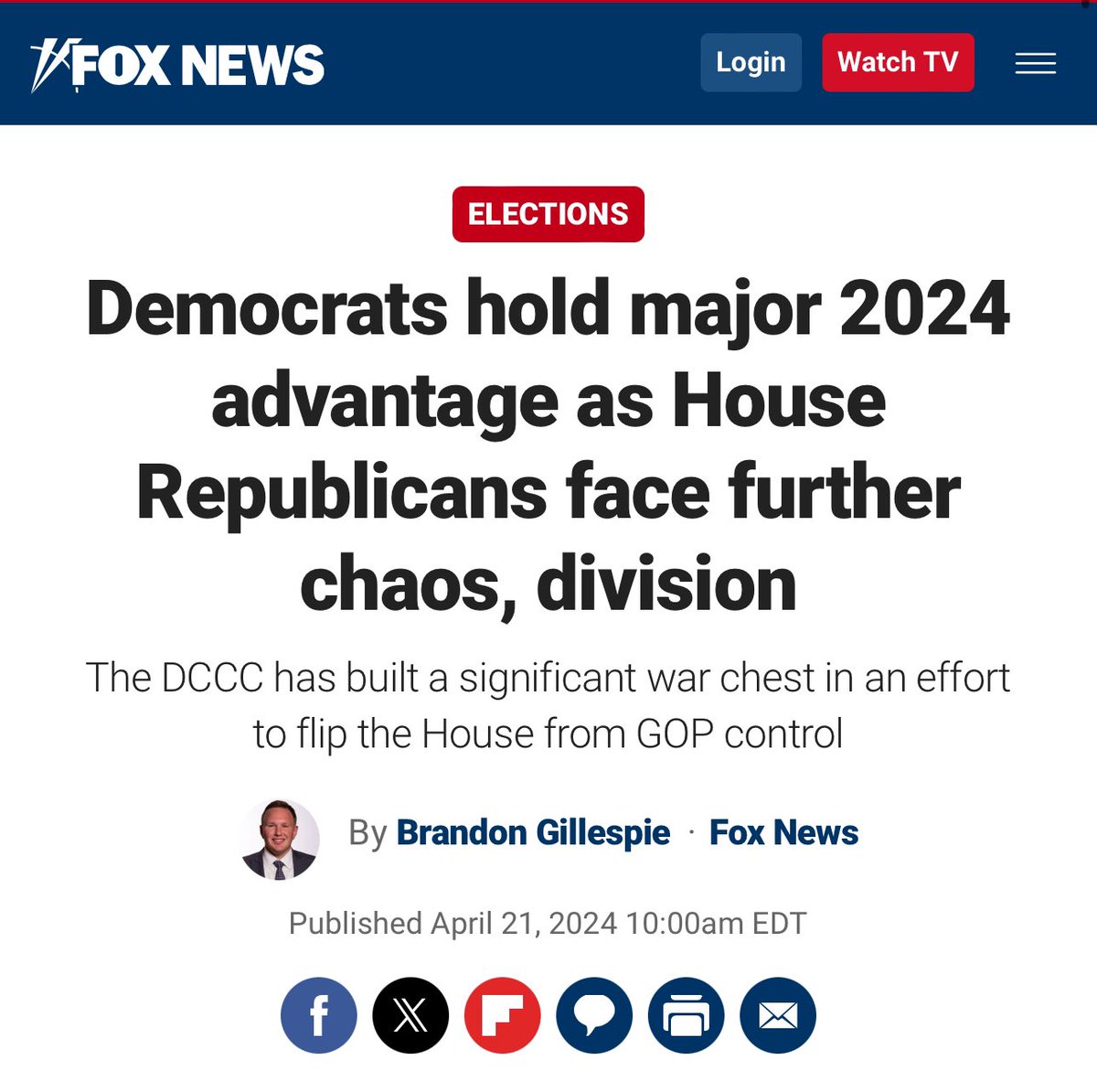 Fox News: “Democrats continue to hold a major cash advantage in the race for control of the House of Representatives as the narrow Republican majority leading the chamber faces further chaos with intraparty division.” foxnews.com/politics/democ…