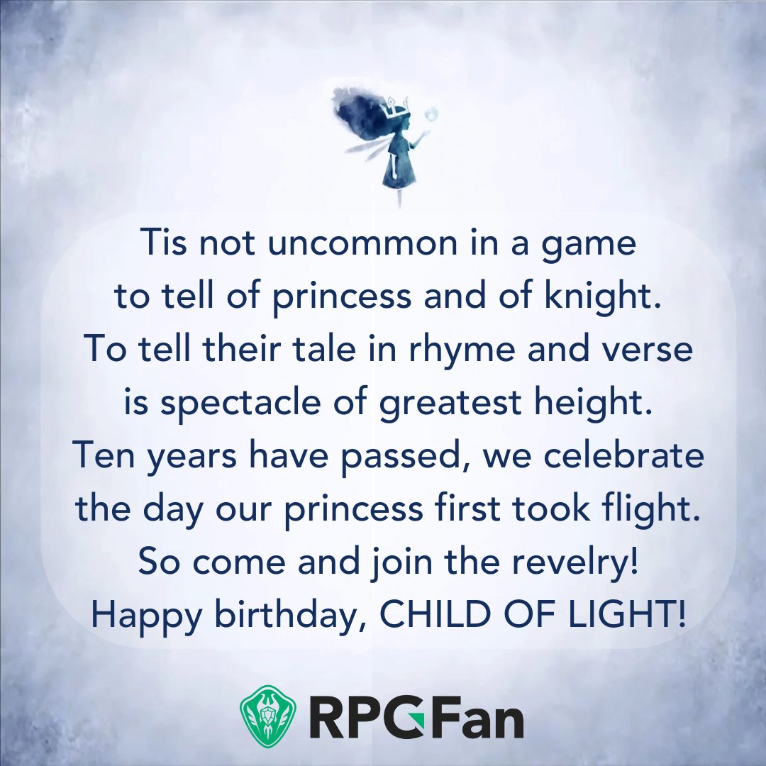 Child of Light came out ten years ago today, telling a traditional RPG story fully in rhyme and verse, while utilizing an action system similar to classics like Grandia 2! Review: rpgfan.com/review/child-o…