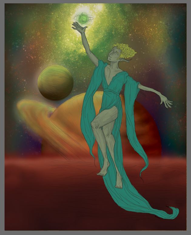 PowellTheArtist's tweet photo. And here's a bit of behind the scenes! I saved a few pictures of my process slowly designing the main figure after spending weeks on drawing the background! Let me know if this is something you all would enjoy more posts about. #illustration #spaceartwork https://t.co/sefMJGK9a7