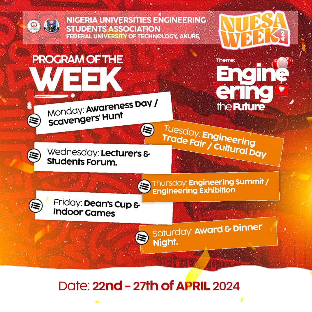 *Get ready to ignite the spark of innovation!🛰️*
*The highly anticipated NUESA WEEK kicks off tomorrow! 🚀*

#NUESAWEEK24 
#EngineeringTheFuture