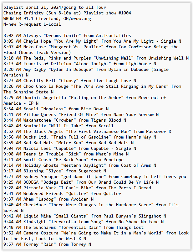 my @WRUW playlist this am ft: @GlennDonaldson @AmyRigby @cheekfaceREAL @CHAST1TYBELT @choochoolarouge @drgnkingDOM @rosalimusic @PillowQueens @smallcrush @ducksltdband @BadBadHats @nicolaleel @teensintrouble @ghosts_holiday @BlushingBand @sydneysprague @pictoriavark + more ⬇️