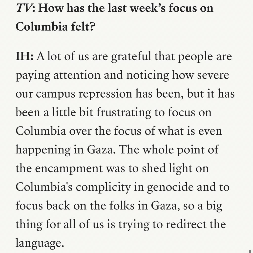 “We’re holding it down, but we’re holding it down for Gaza, not just because of the [students] that have been suspended; and the repression is explicitly because … we were fighting for ending the war in Gaza.” Great, grounding interview with @israhirsi. teenvogue.com/story/isra-hir…