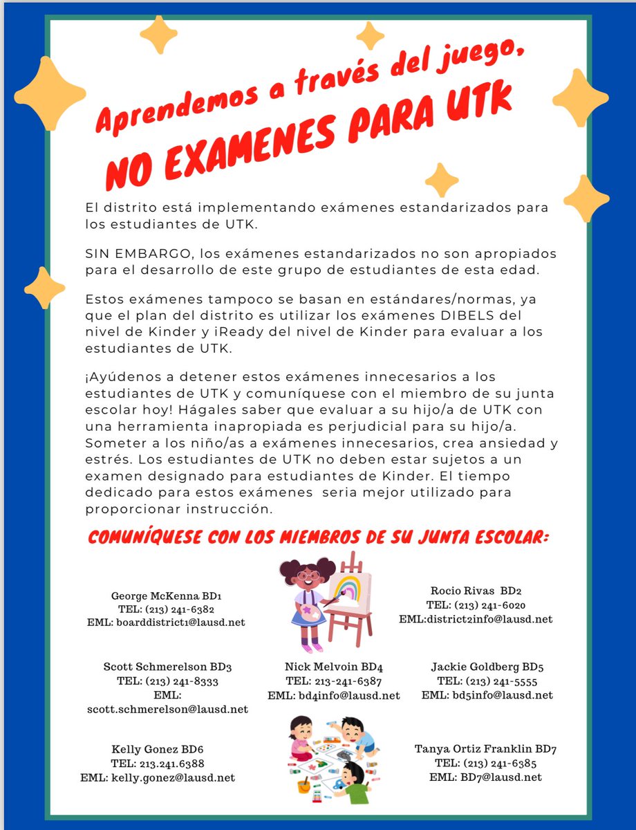 .<a href="/LASchools/">Los Angeles Unified</a>  <a href="/LAUSD_Achieve/">Los Angeles Unified Division of Instruction</a> <a href="/DrRivasBD2/">DrRivasforLAStudents, LAUSD, District 2</a> <a href="/LAUSDSup/">Alberto M. Carvalho</a> <a href="/ScottAtLAUSD/">Scott M. Schmerelson</a> <a href="/Jackie4LAUSD/">Jackie Goldberg</a> <a href="/DrGeorgeMcKenna/">George McKenna</a> <a href="/KellyGonez/">Kelly Gonez</a> <a href="/lausdbd7/">Board Member Tanya Ortiz Franklin</a> <a href="/NickMelvoinBD4/">Board Member Melvoin</a> LAUSD jumped right in and expanded UTK before everyone else. Let’s be thoughtful about implementation going forward.