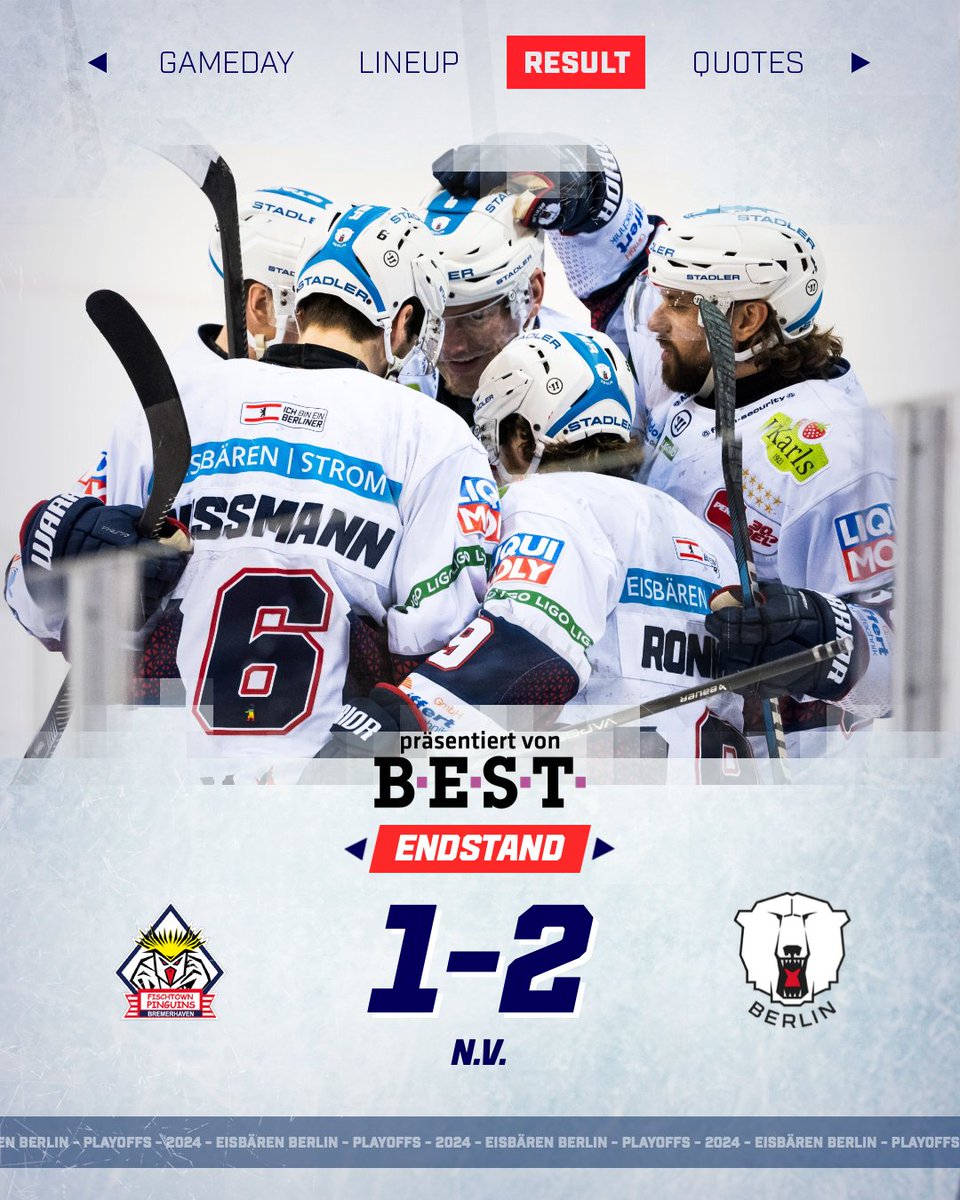 Fischtown Pinguins Bremerhaven - Eisbären Berlin 1:2 n.V. | ENDE | Tore: Ty Ronning (17.) & Yannick Veilleux (98.) #BHVvsEBB #NextLevel #Playoffs24 

Starkes Auswärtsspiel an der Waterkant gezeigt, nun am Dienstag nachlegen! 💪