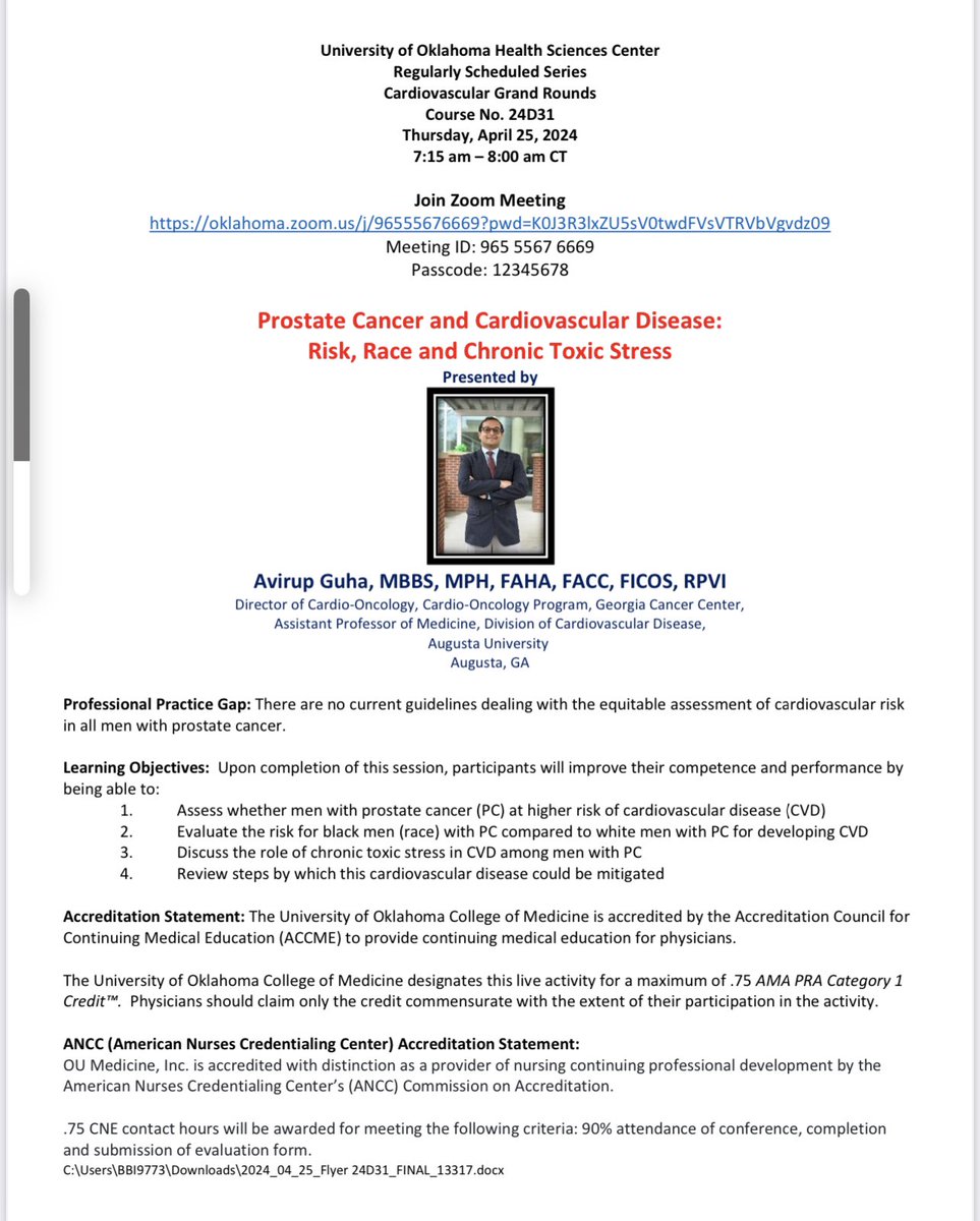 💫 Looking forward to hosting an Early Career Star Faculty, Dr. Avirup Guha from Augusta University at OU Virtual CV Grand Rounds on 4/25/24 💫 An interesting discussion on the intersection of prostate cancer & CV health 💫 Join us⬇️ oklahoma.zoom.us/j/96555676669?… @avirupguha…