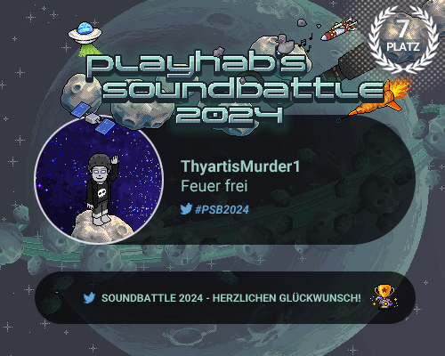 Soundbattle 2024 Platz 7 ThyartisMurder1 Glückwunsch! Danke für deine Teilnahme.
playHab.FM

#SB24 #SB2024 #Soundbattle2024 #Habbo #HabboDE @De_Habbo #Karaoke #Webradio #sonntagsstammtisch #Feuerfrei