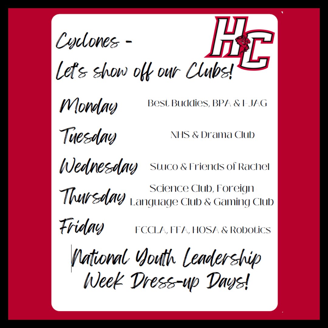 📚️National Student Leadership Week📚️

National Student Leadership Week is April 22-26. Join our National Honor Society in showing off your involvement in Harlan Community High School's many clubs! Dress-up days are scheduled all week to show off your involvement! 

#nslw2024