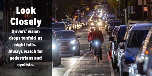 As the night falls, visibility decreases. Use lights and reflective gear to help you and others see you. Crashes are preventable. #VisionZero