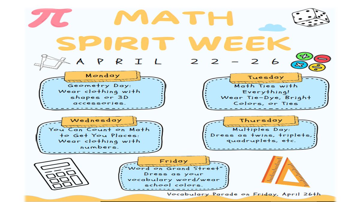 April is Math Month! We are bringing the month to a close with a Spirit Week! @PortsVASchools @SterlingWhite59 @hmeducate @Gammage522 @WandaCalhoun13