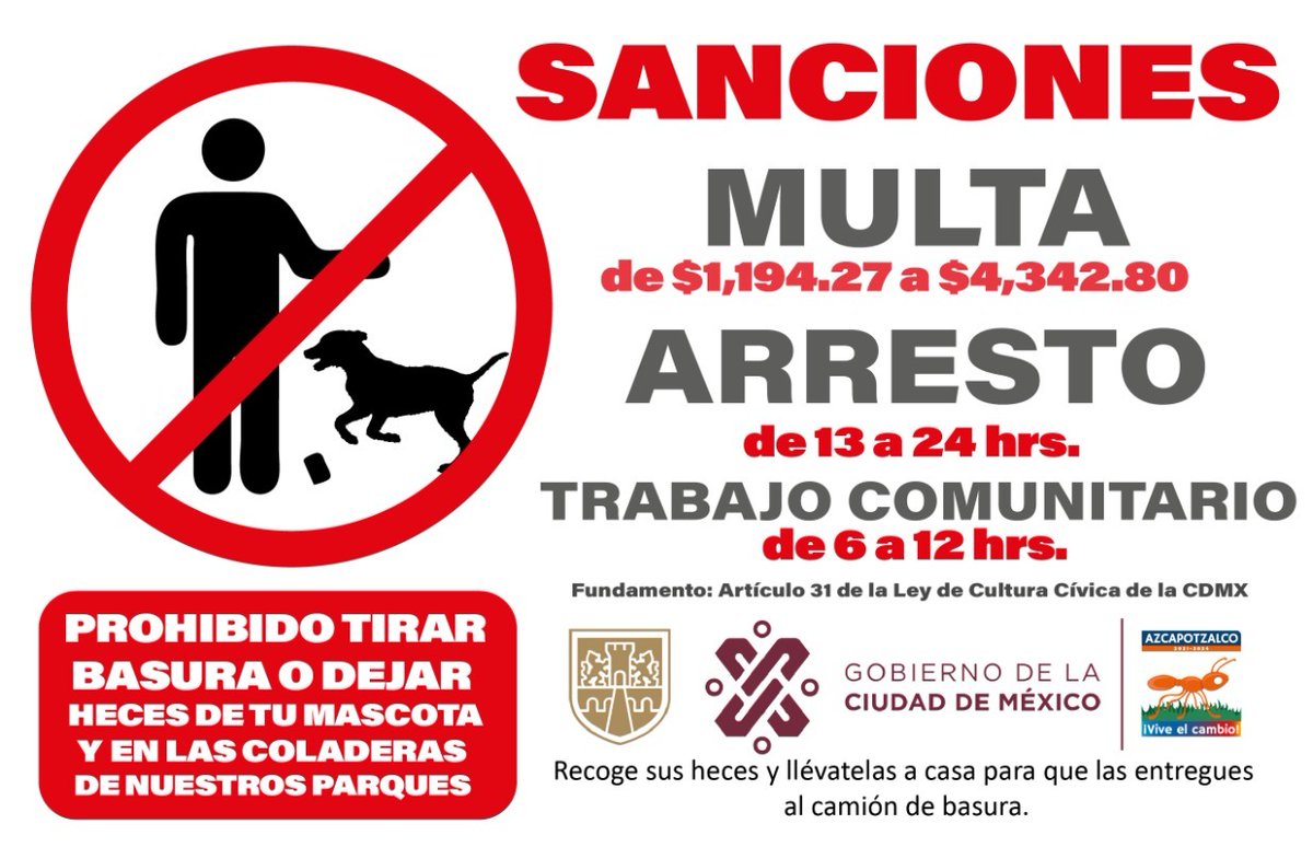 AzcapotzalcoMx's tweet photo. 🛑Atención vecinos de Azcapotzalco.
Queda prohibido tirar basura en calles, banquetas, parques y en cualquier sitio público.
Quién sea sorprendido en tal acción será consignado a las autoridades correspondientes y serán acreedores a multas de hasta $4,342.00 o un arresto de 12 horas, con determinación del Juez.

#NoALosTiraderosClandestinos