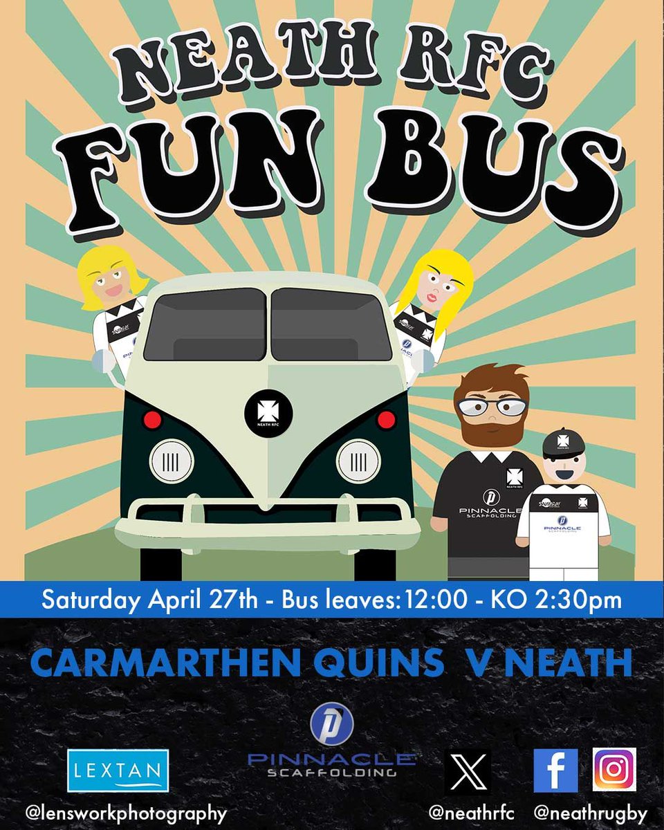 NEATH RFC FUN BUS (CARMARTHEN QUINS V NEATH – 27TH APRIL) 🗓 27.04.24 ⏰ Bus leaves Clubhouse at 12.00 (2.30pm KO) Show your support at Carmarthen Park for the last game! To book YOUR seat on the “FUN BUS” contact Robert Smith on 07890645195 or Gillian Lewis on 07807043978