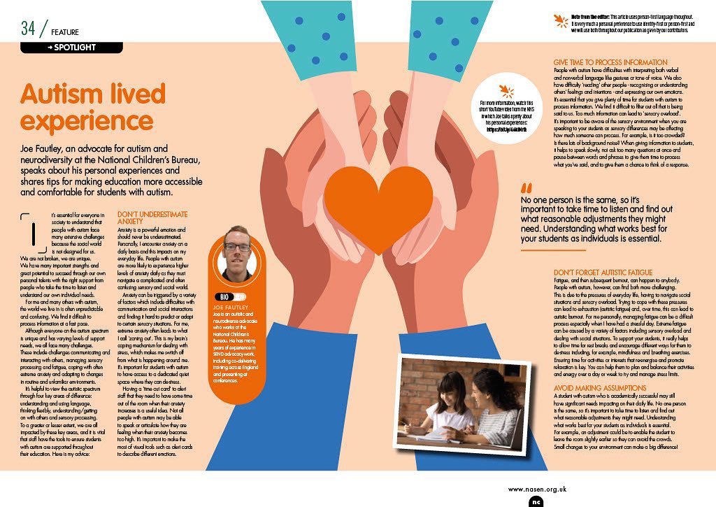 I wrote an article last year in @nasen_org Connect Magazine with advice for teachers supporting Autistic students based on my personal experiences. Please do read and share with your networks. Thank you. @E_T_Foundation @SocietyET @teresaetfound @DavidRussellPrA