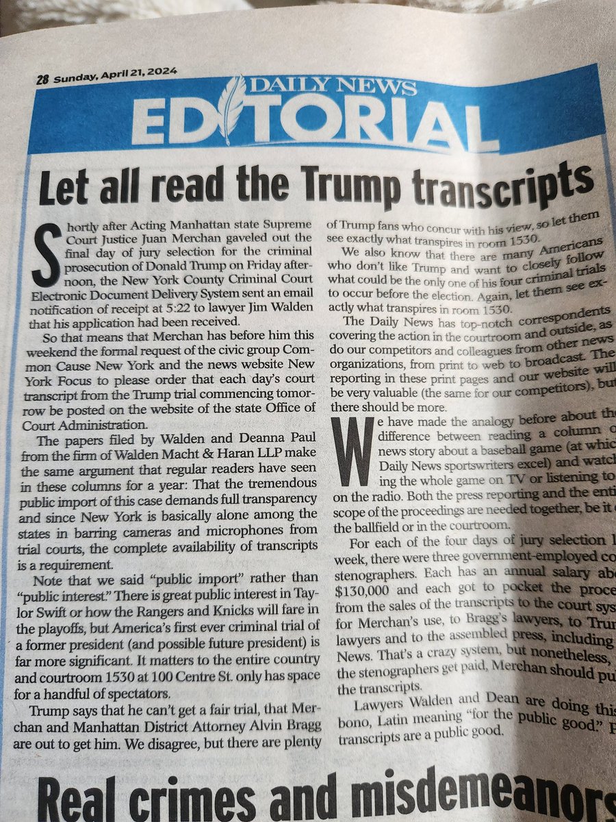 Congrats to @thedeannapaul for filing this important lawsuit on behalf of @commoncauseny & @nysfocus. There may not be TV cameras for the Trump trial, but the public should have access to the transcripts.