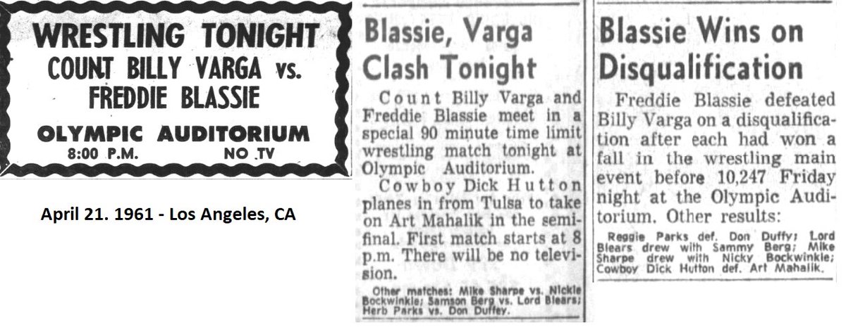 April 21, 1961 - Olympic Auditorium, Los Angeles, CA Main Event: Count Billy Varga vs Freddie Blassie