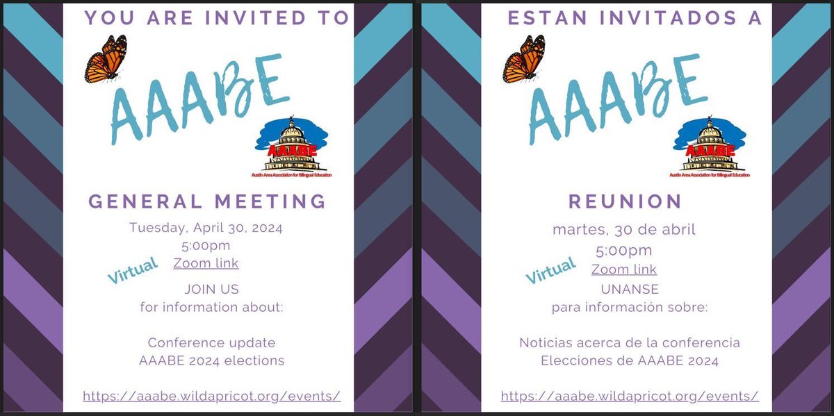 Save the date: April 30th, 2024! Join us for the virtual general meeting of @AustinAABE where we will share updates on the Adelante Conference, upcoming officer elections, news from @TA4BE, and more. Visit aaabe.wildapricot.org/events for more details.