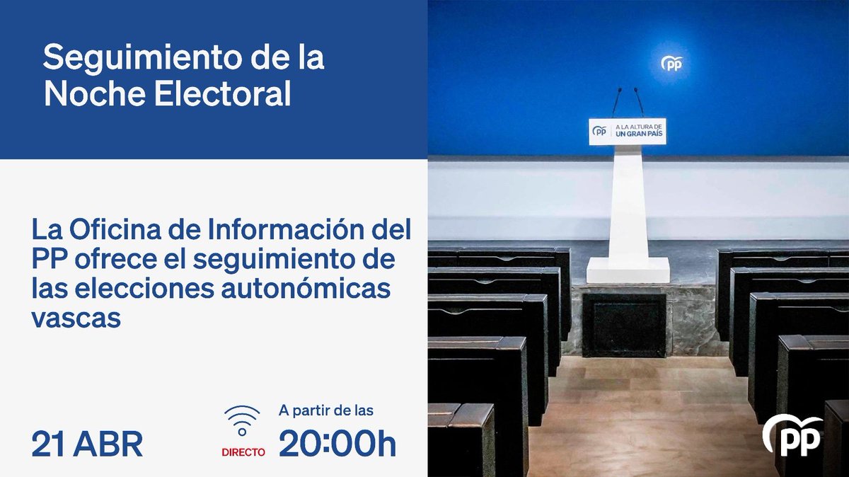 🎙 A partir de las 20:00h., la Oficina de Información del PP ofrece el seguimiento de las elecciones vascas. 📡 Síguelo en directo a través del siguiente enlace: youtube.com/live/O5h3Dkugg…