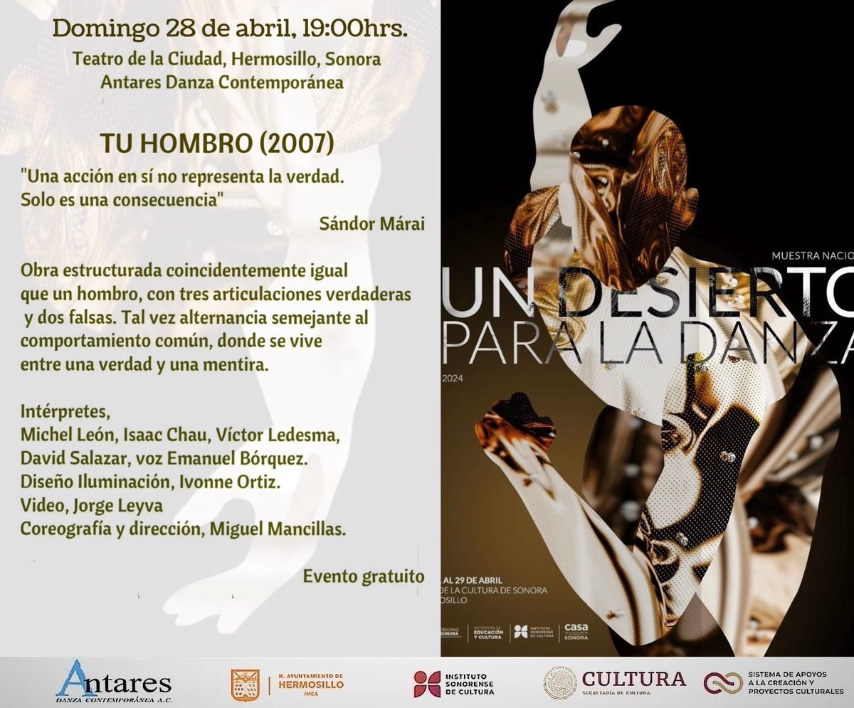 Hoy inicia Un Desierto para la Danza en punto de las 17:00 hrs 
En el teatro de la ciudad, Casa de la cultura en Hermosillo,Sonora.

Nosotros los esperamos en el cierre del mismo festival.
#somosconsecuencia