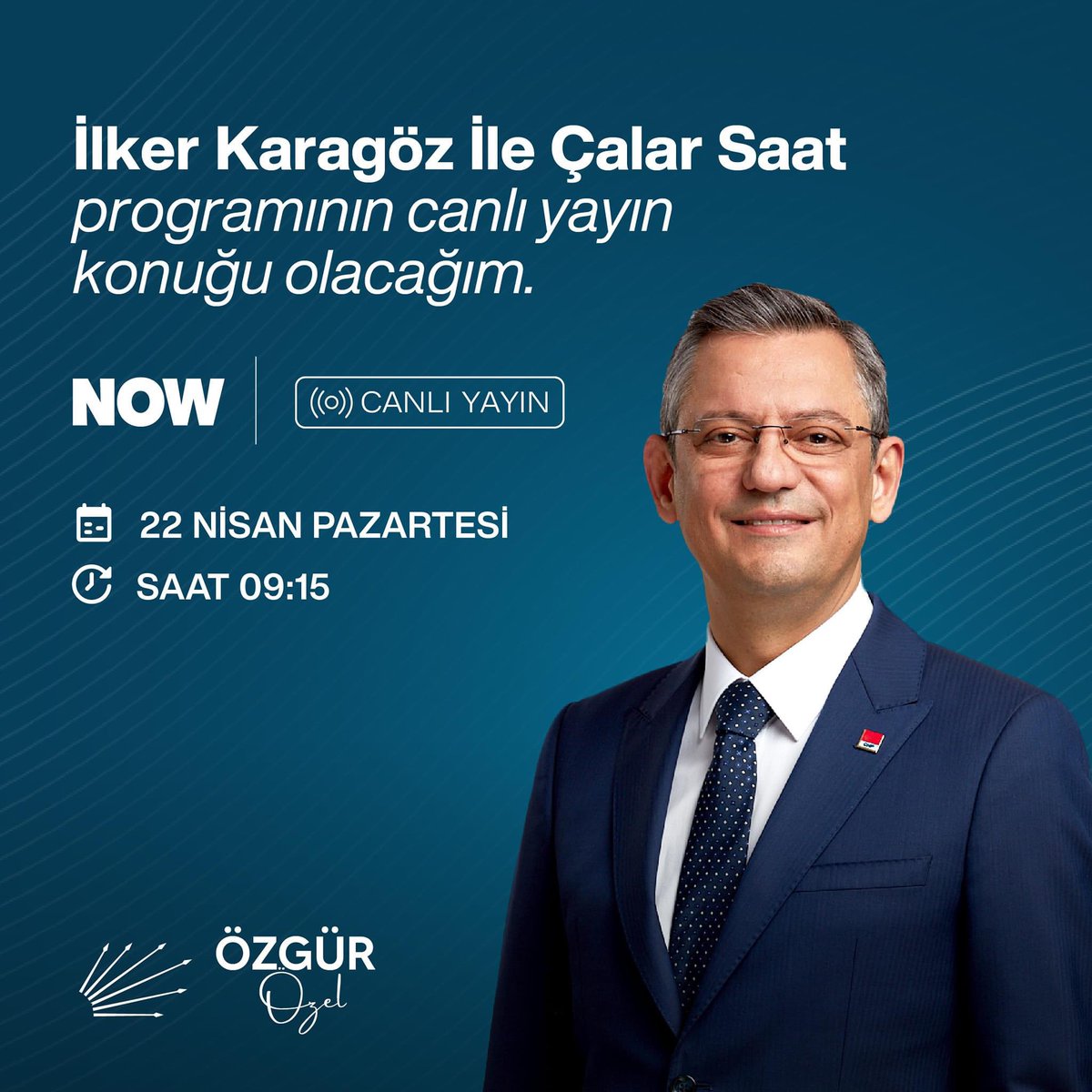 Genel Başkanımız Sayın Özgür Özel, yarın saat 09.15'te Now TV'de İlker Karagöz ile Çalar Saat programının canlı yayın konuğu olacak. 🗓️ 22 Nisan Pazartesi ⏰ 09.15 📍Now TV