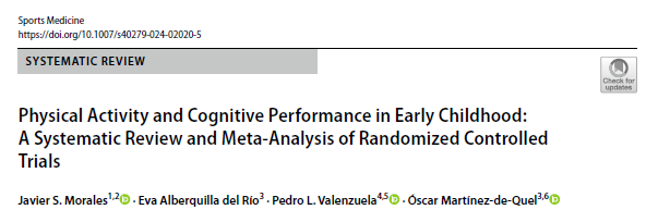 🚨EJERCICIO FÍSICO Y RENDIMIENTO COGNITIVO EN EDUCACIÓN INFANTIL publicado en @SportsMedicineJ Meta-analizamos 24 intervenciones controladas aleatorizadas (n=3483) con prescolares (3-6 años), encontrando: ⬆️atención, ⬆️memoria de trabajo, ⬆️flexibilidad cognitiva, ⬆️vocabulario.