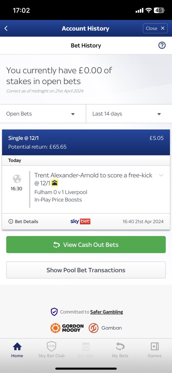 20 mins or so before TAA scored his free kick I stuck a £5.05 bet on SkyBet at 12/1 for him to score from a free kick. 🙌😂