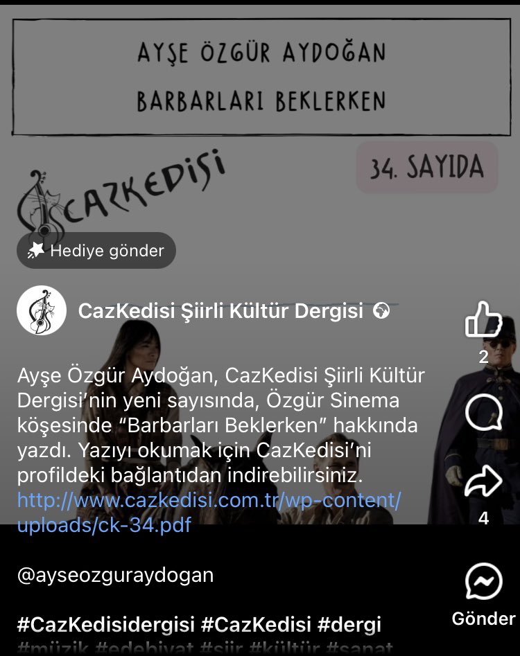 Ayşe Özgür Aydoğan “Barbarları Beklerken” film incelemesiyle 34. sayıda yer alıyor. CazKedisi’ni aşağıdaki bağlantıdan indirip okuyabilirsiniz: cazkedisi.com.tr/wp-content/upl… #CazKedisidergisi #CazKedisi #dergi #müzik #edebiyat #kültür #sanat