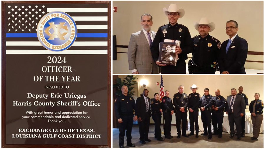 Congratulations to @HCSOTexas Deputy Eric Uriegas for receiving the 2️⃣0️⃣2️⃣4️⃣ Officer of the Year award from the Exchange Clubs of Texas. Eric is a gifted instructor assigned to our Behavioral Health Training Unit & a true asset to the Harris County Sheriff’s Office. #PrideofTexas