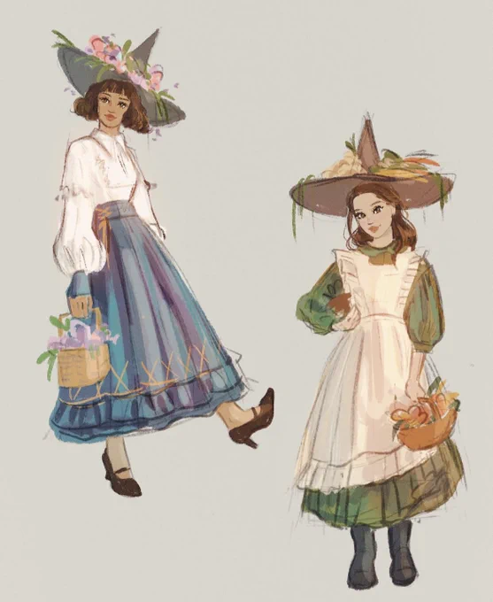 sketches of girls w baskets 