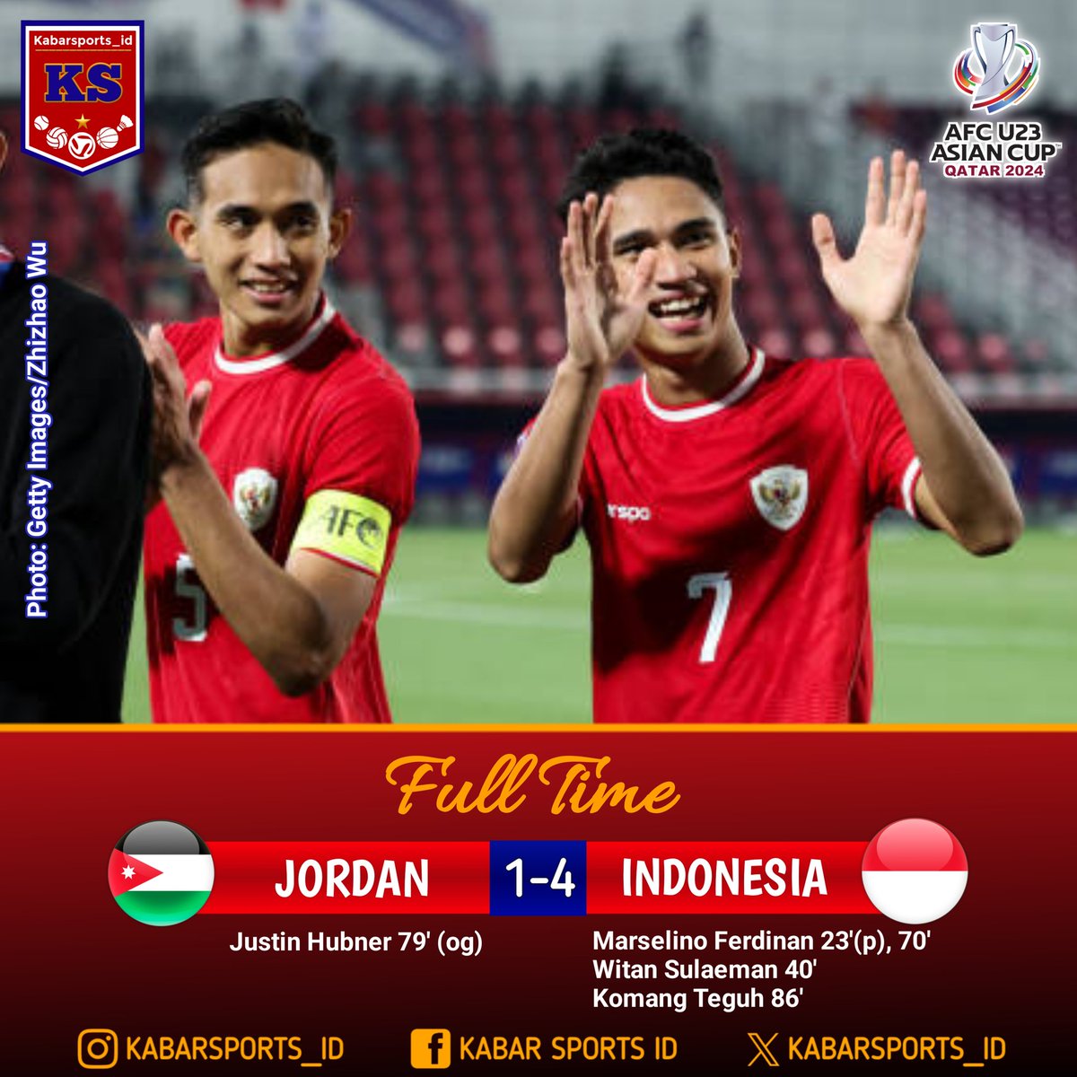 FULL TIME
AFC U23 Asian Cup 2024

Jordan 🇯🇴 1-4 🇮🇩 Indonesia

Qualified To QF! 🇮🇩🔥

#AFCU23 #RoadToOlympic #OlympicQualifiers #TimnasIndonesia #TimnasU23 #KitaGaruda #SepakbolaIndonesia #OlahragaIndonesia