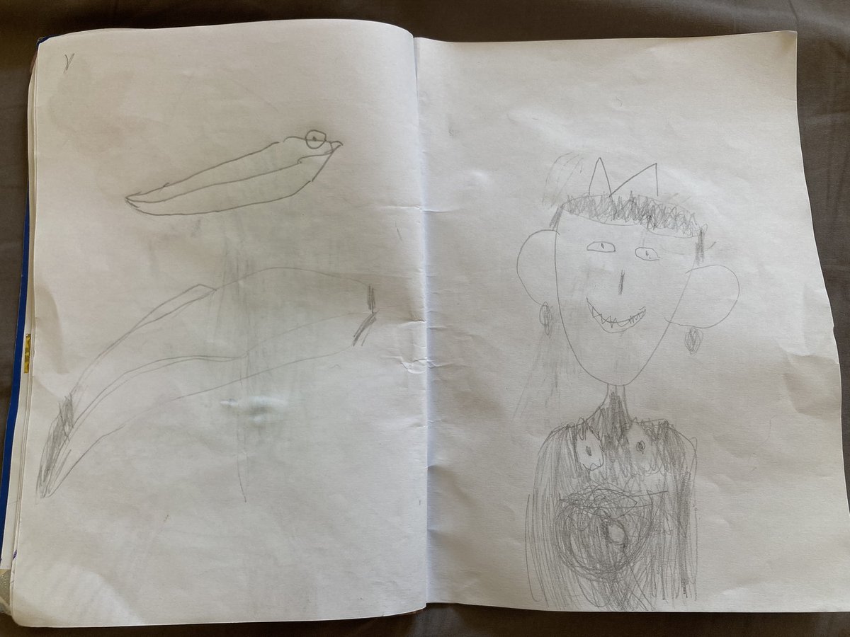 Vedecký prístup k fantastickým bytostiam: dcéra po dôkladnej analýze dospela k názoru, že čert je cicavec (lebo má srsť, kopytá, rohy..), tak sa pokúsila načrtnúť anatomicky presnú tehotnú čerticu.