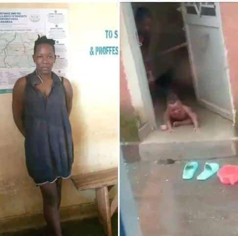 The lady that was seen maltreating a child , repeatedly stepping on him and beating him with a rod had been arrested ! But unfortunately the 9 month old baby is d€ad 😭😭😭😭